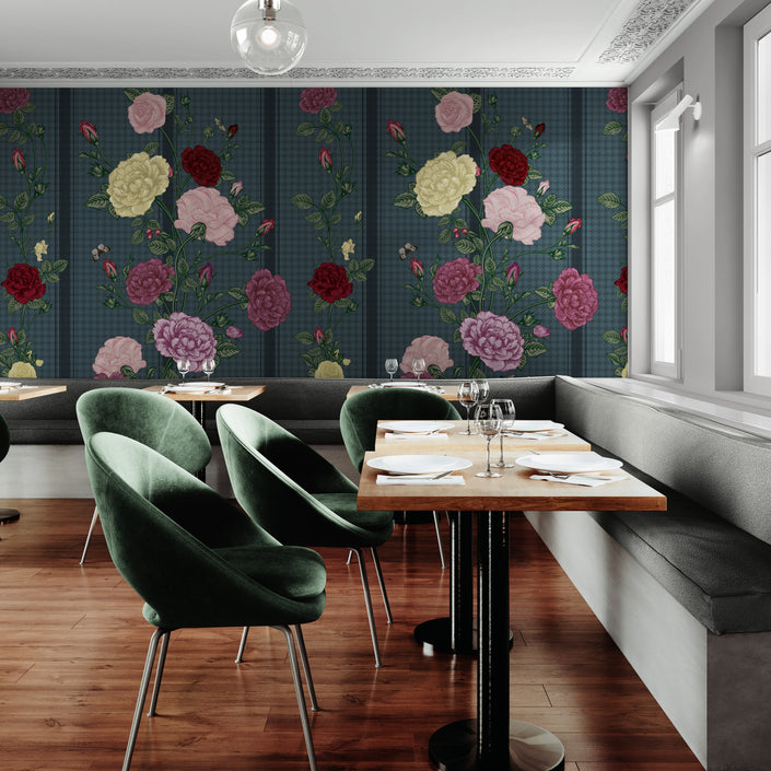 GE5080 Rose Bush Stripe Endless Murals in Dark Red Pink Yellow Navy