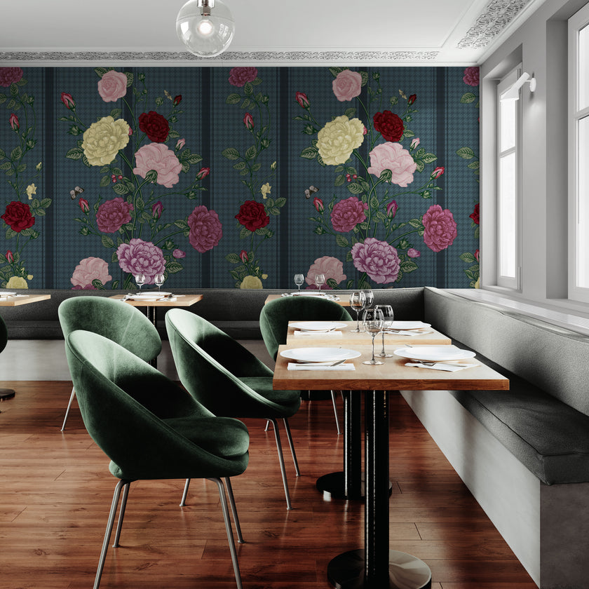 GE5080 Rose Bush Stripe Endless Murals in Dark Red Pink Yellow Navy