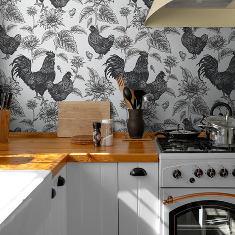 GW4014 French Farmhouse Chickens & Sunflowers Peel and Stick Wallpaper Roll 19 inch Wide x 18 ft. Long Black White