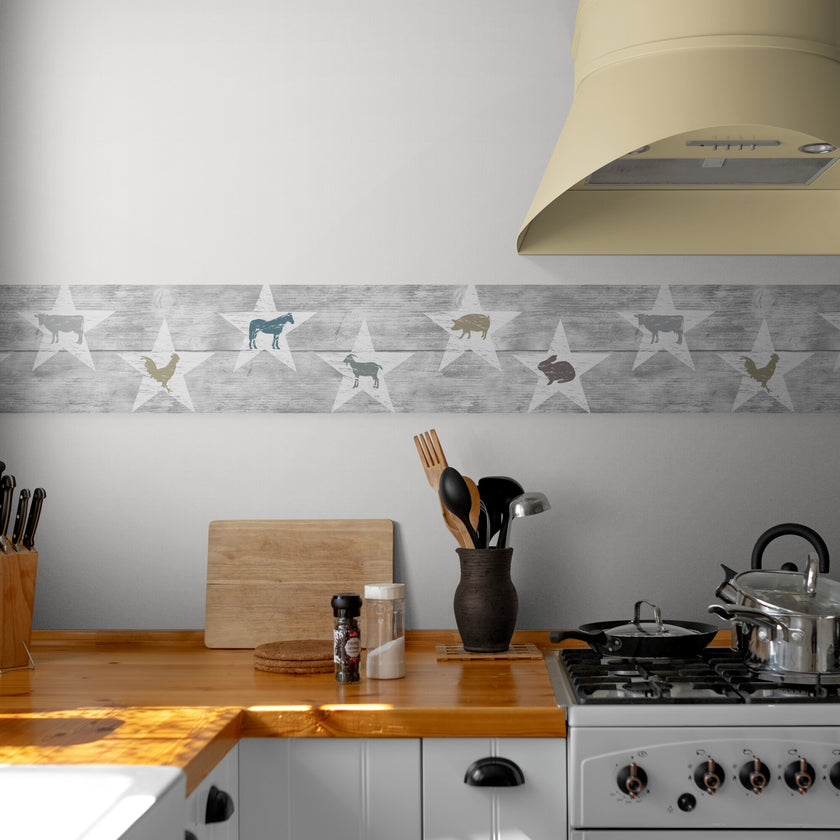 GB4032 Farmhouse Colorful Animals Distressed Wood Peel and Stick Wallpaper Border 10in or 8in Height x 15ft Long, Soft Gray Neutral Off White Blue Brown