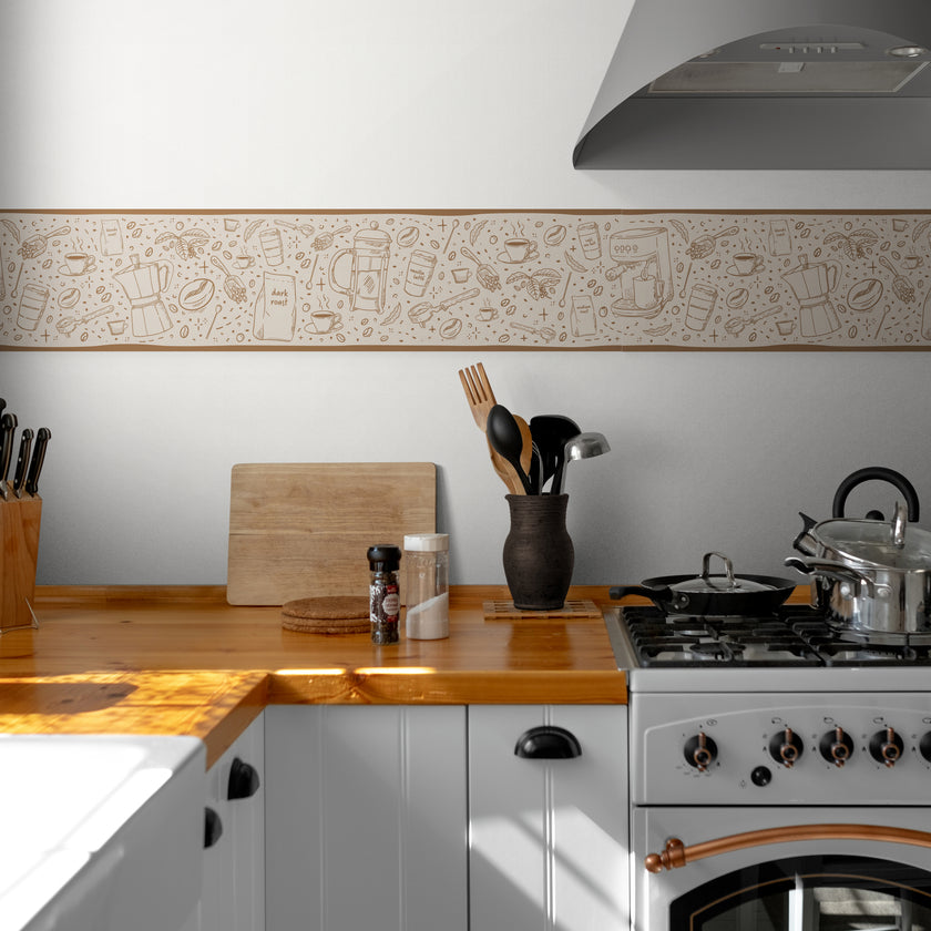 GB8001g8 Cafe Coffee House Peel and Stick Wallpaper Border 10in or 8in Height x 15ft Long Brown Beige