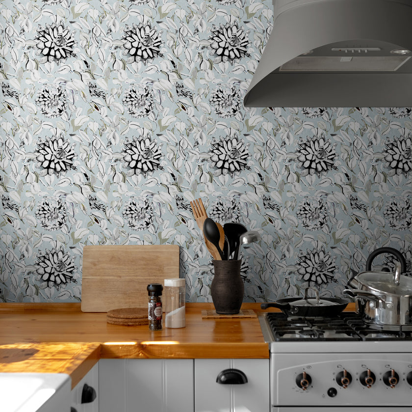 GDSL5003 Dahlias Premium Peel and Stick Wallpaper Panel 26 inch Wide in Light Teal White Black