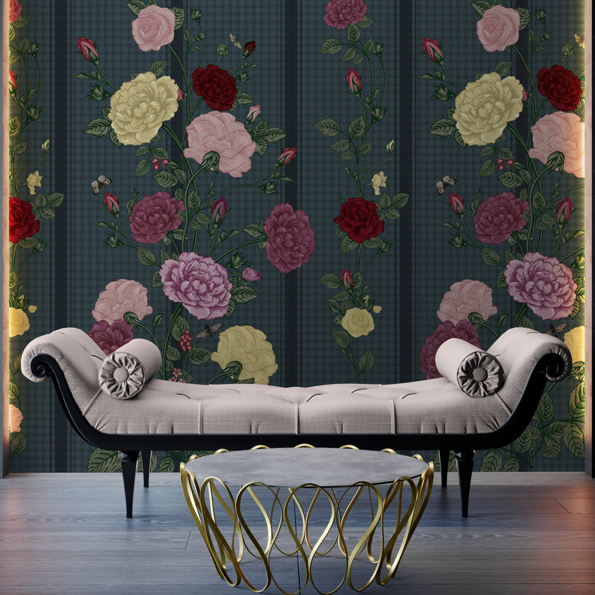 GE5080 Rose Bush Stripe Endless Murals in Dark Red Pink Yellow Navy