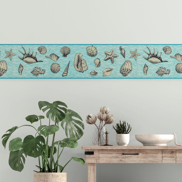 GB10024 Seashells On Waves Nautical Peel and Stick Wallpaper Border 10in or 8in Height x 15ft Long, Light Blue Gray Off White