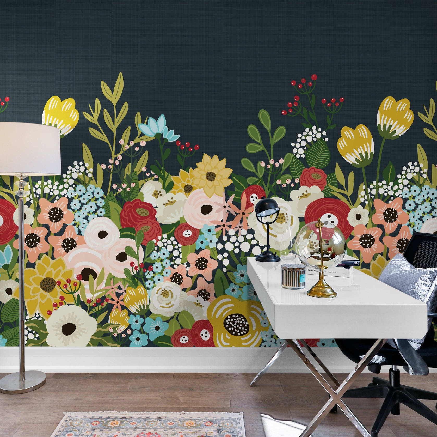 GE5040 Big Blooms Grace & Gardenia Endless Mural Dark Blue Yellow Multi-color