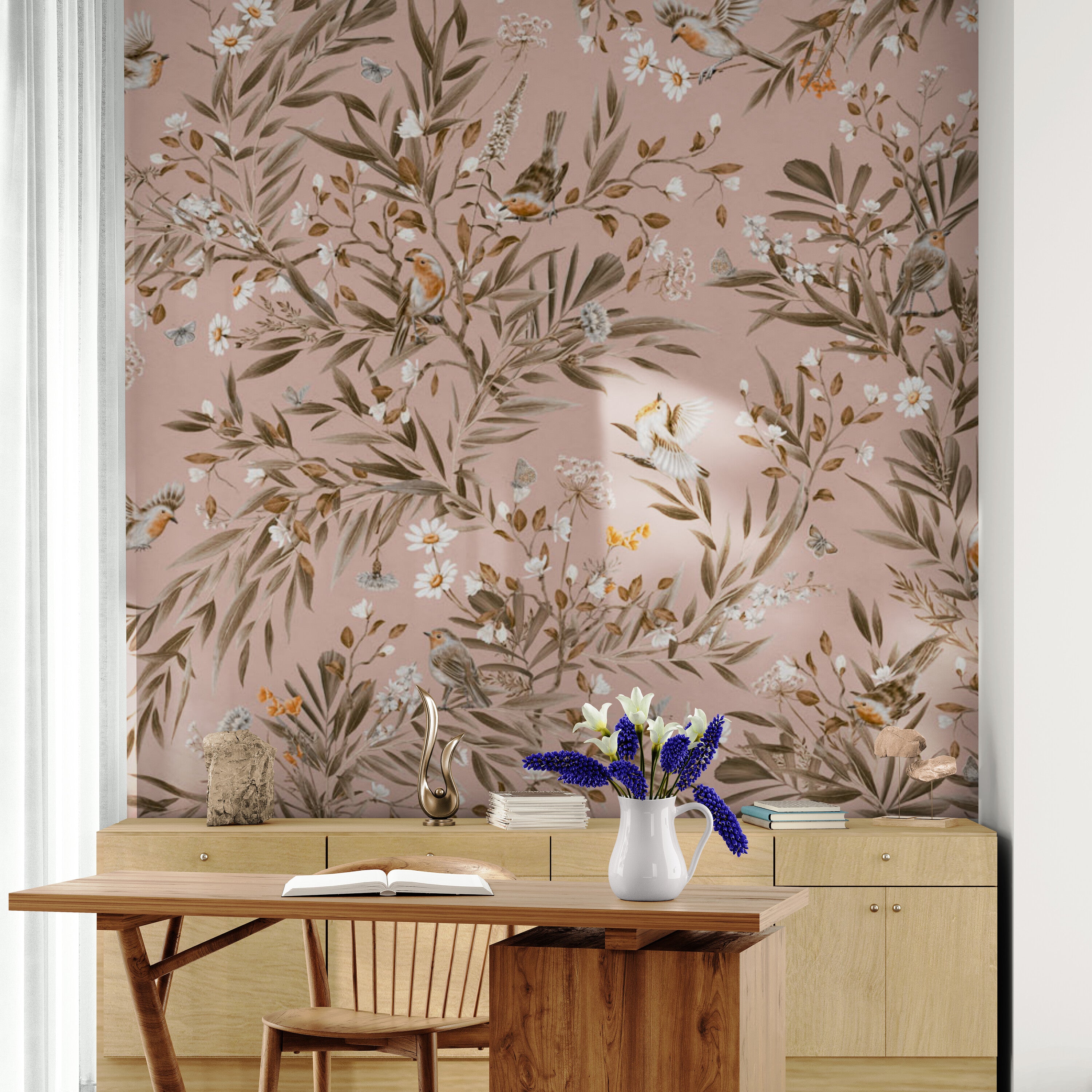 GDSE3170 Playful Robin Wallpaper Premium Peel and Stick Material 26in Wide x 6ft, 9 ft, 12ft, Beige
