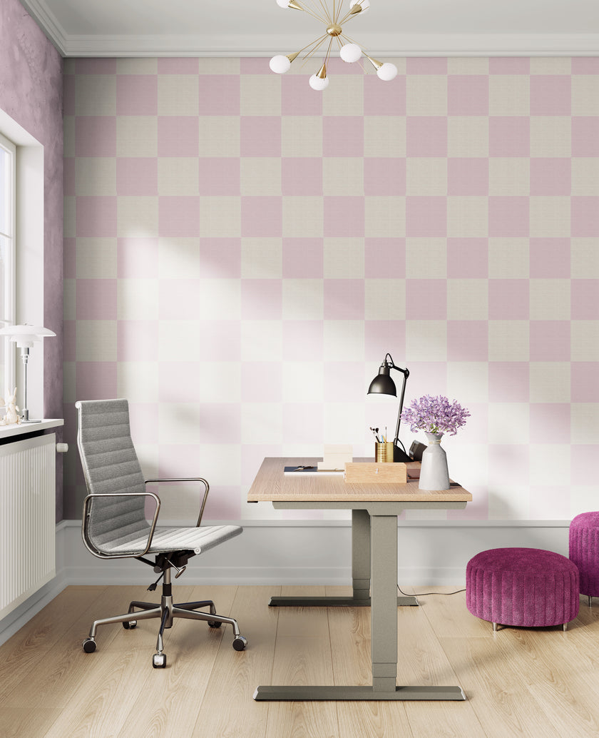 GW0203 Check Faux Grasscloth Plain Weave Texture Wallpaper Roll 19 inch Wide x 18 ft. Long in Pink White