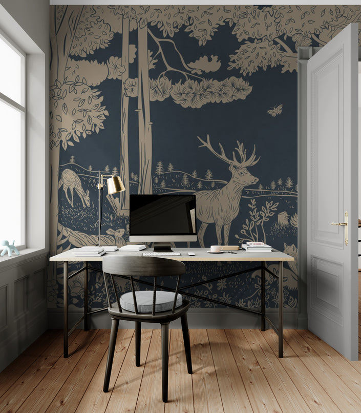GDSE3080 Monochrome Forest Wallpaper Premium Peel and Stick Material 26in Wide x 9 ft. Vintage Blue