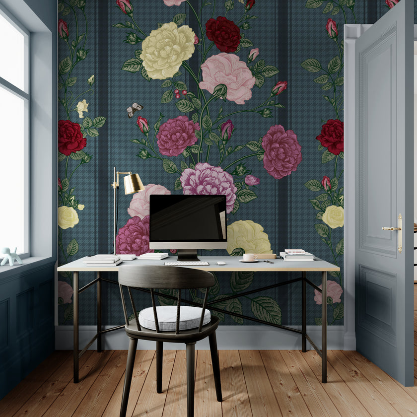 GE5080 Rose Bush Stripe Endless Murals in Dark Red Pink Yellow Navy