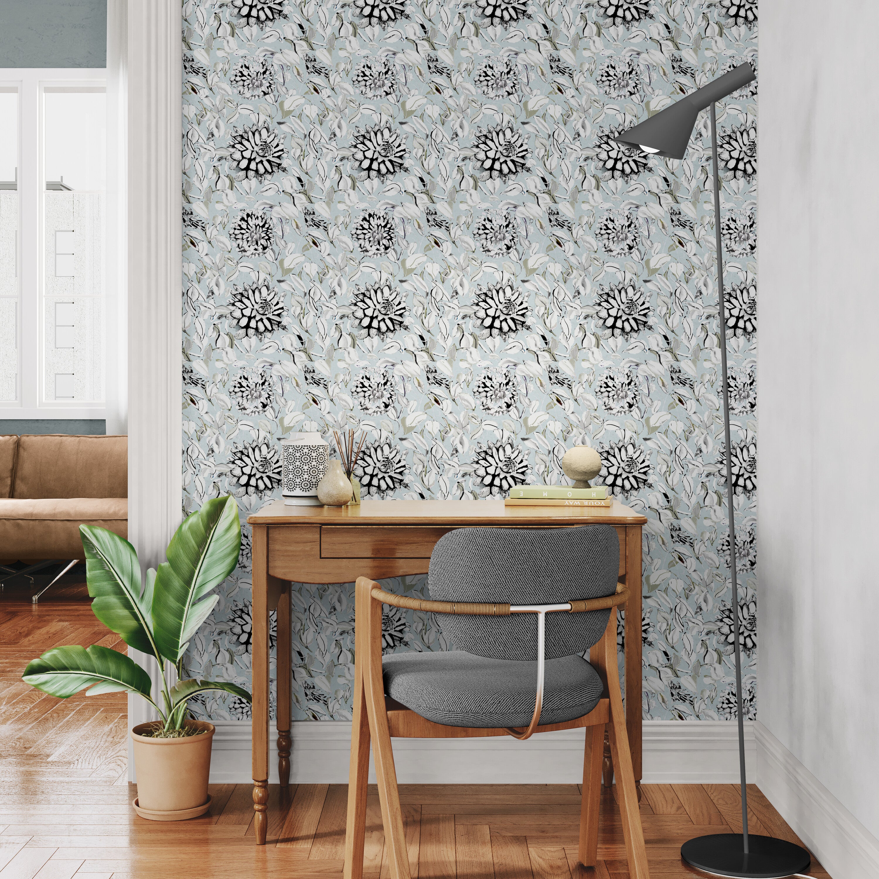 GDSL5003 Dahlias Premium Peel and Stick Wallpaper Panel 26 inch Wide in Light Teal White Black