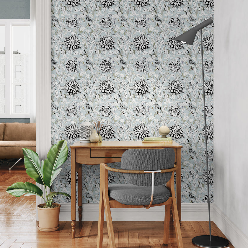 GDSL5003 Dahlias Premium Peel and Stick Wallpaper Panel 26 inch Wide in Light Teal White Black