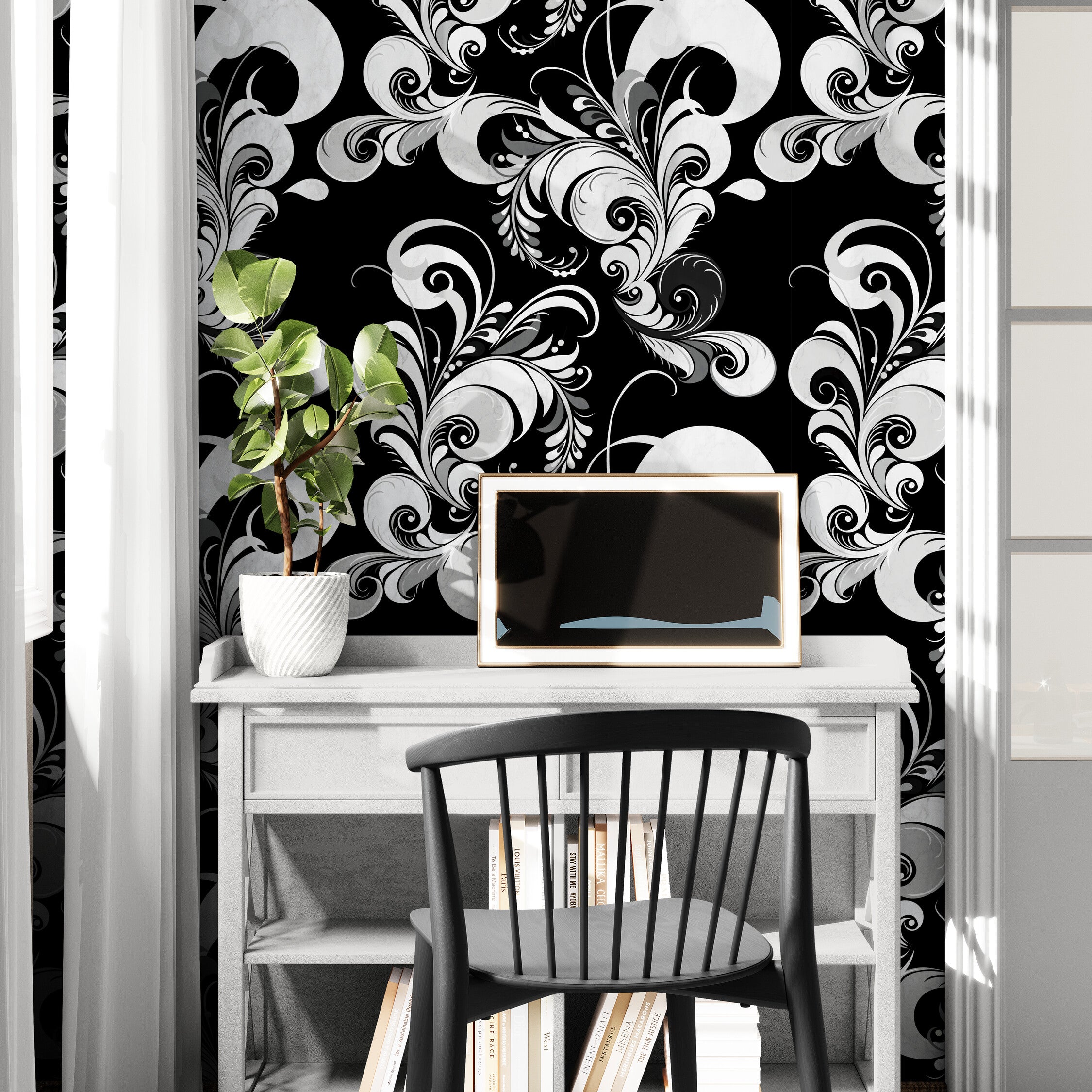 GDM0020 Marina Makaron Designs Paisley in Black Gray Off White Wallpaper Panel 26 inch Wide x 6ft, 9ft, and 12ft Long