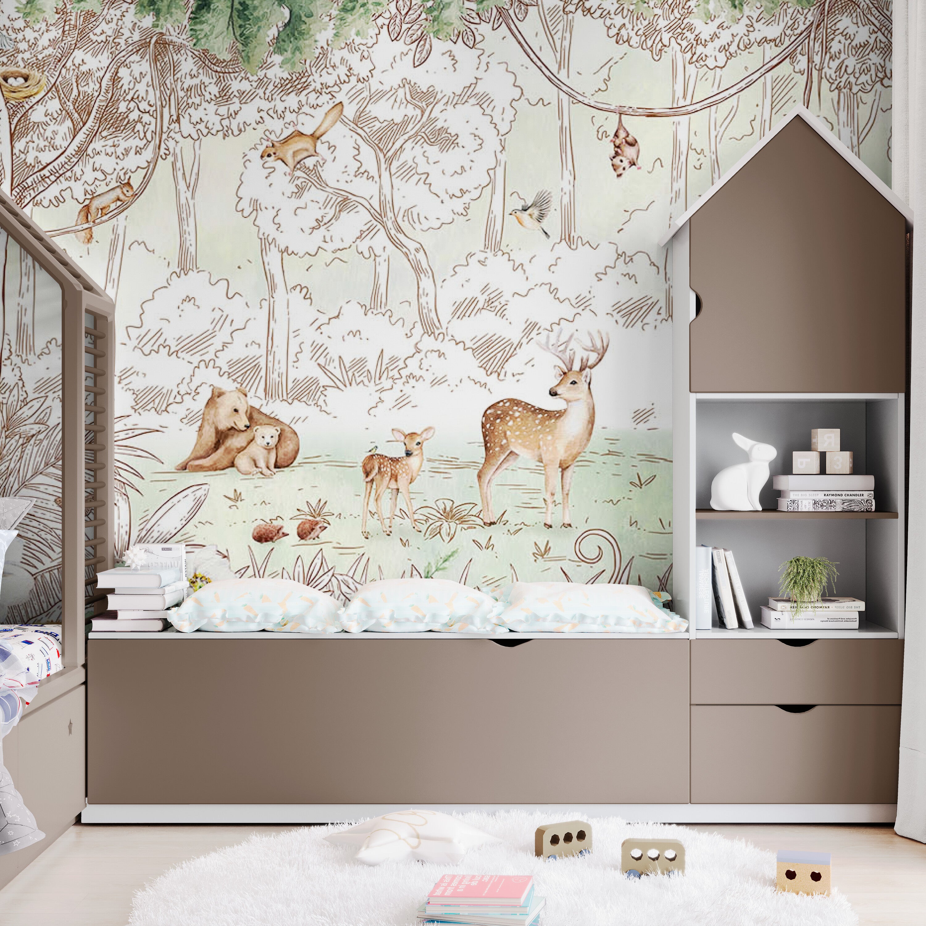 GDSE3051 Forest Friends Wallpaper Mural Premium Peel and Stick Material 26in Wide x 9 ft. Green White