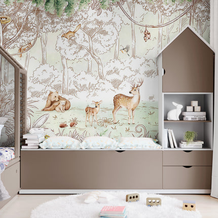 GDSE3051 Forest Friends Wallpaper Mural Premium Peel and Stick Material 26in Wide x 9 ft. Green White