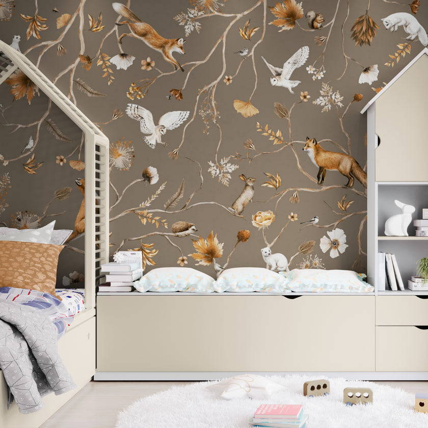 GDSE3148 Playful Forest Wallpaper Premium Peel and Stick Material 26in Wide x 6ft, 9 ft, 12ft, Taupe