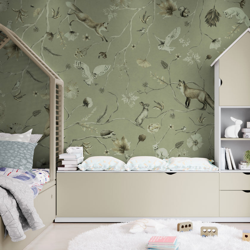 GDSE3144 Playful Forest Wallpaper Premium Peel and Stick Material 26in Wide x 6ft, 9 ft, 12ft, Monochrome Green