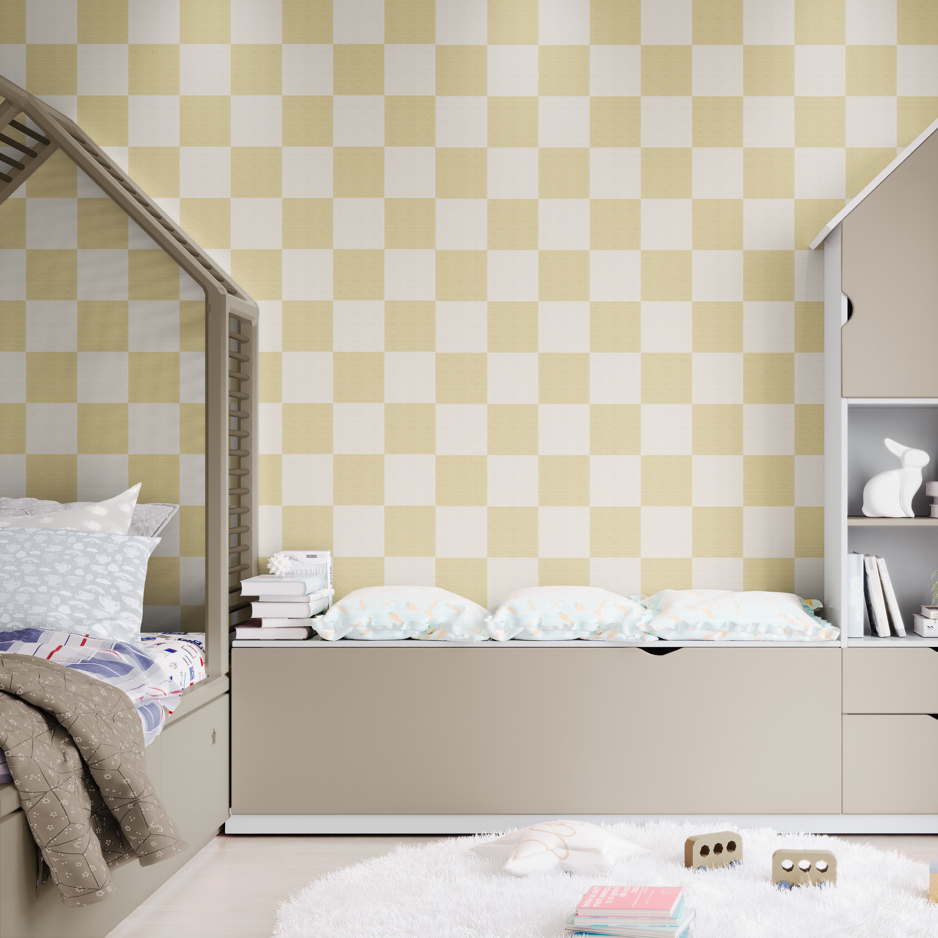 GW0201 Check Faux Grasscloth Plain weave Texture Wallpaper Roll 19 inch Wide x 18 ft. Long in White Tan