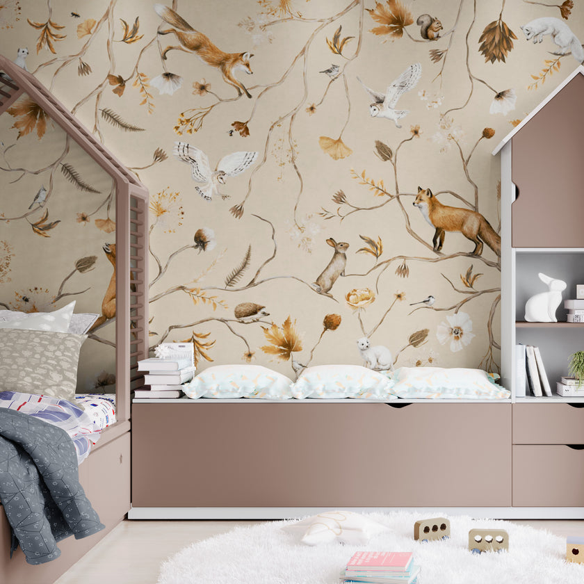 GDSE3140 Playful Forest Wallpaper Premium Peel and Stick Material 26in Wide x 6ft, 9 ft, 12ft, Beige