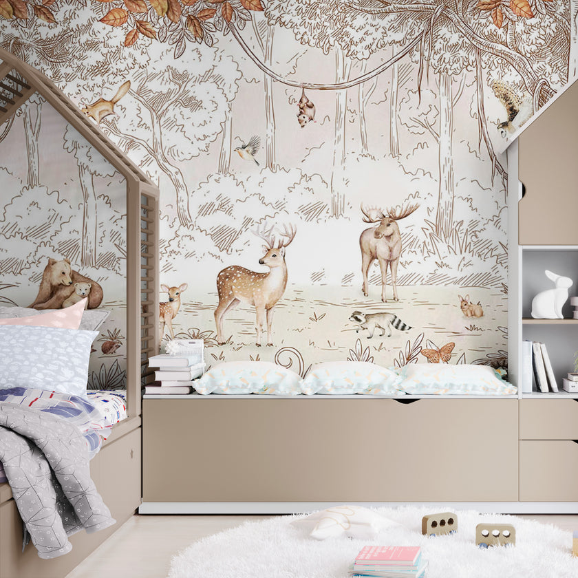 GDSE3051 Forest Friends Wallpaper Mural Premium Peel and Stick Material 26in Wide x 9 ft. Green White