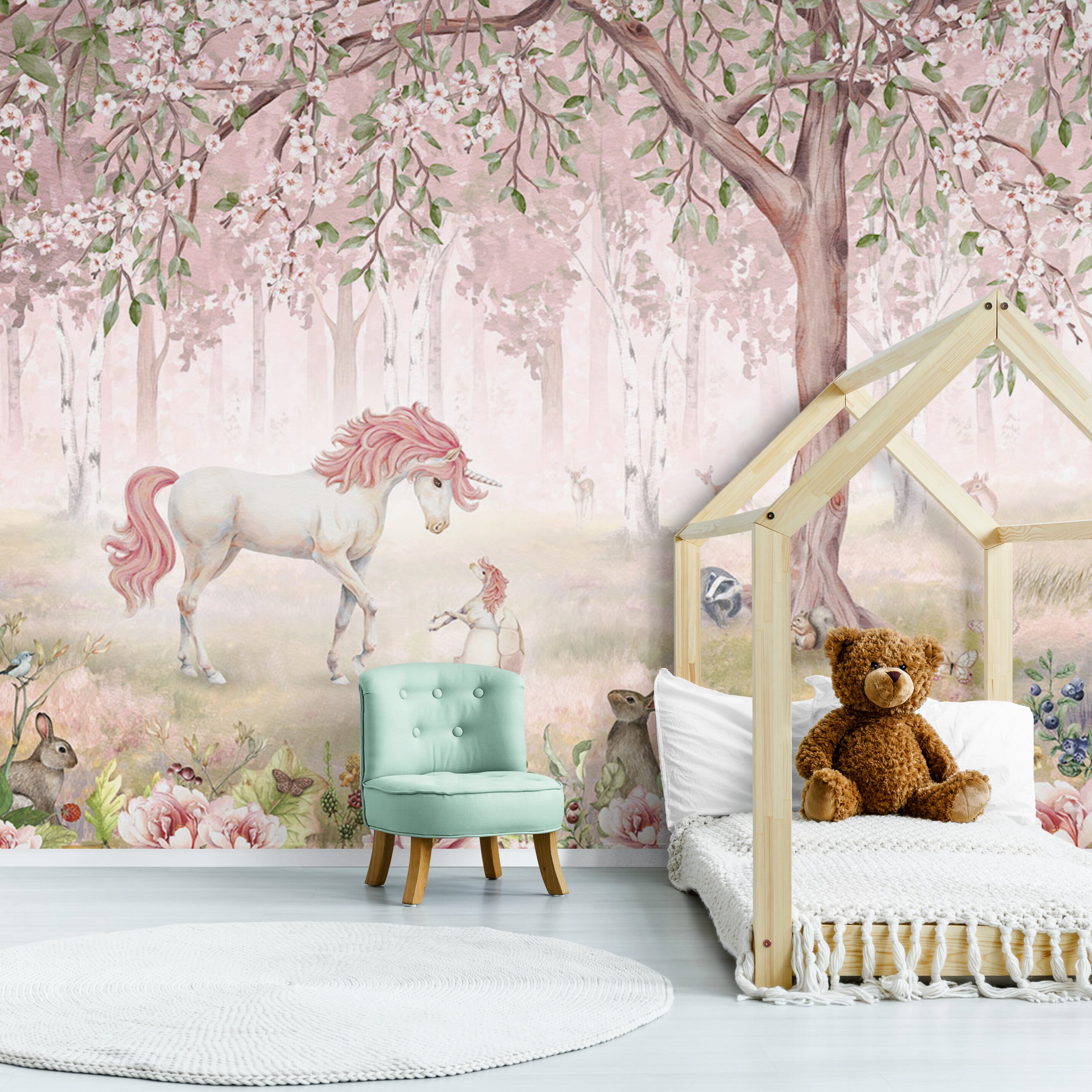 GDSE3121 Unicorn Forest Wallpaper Premium Peel and Stick Material 26in Wide x 6ft, 9 ft, 12ft, Pink Pink