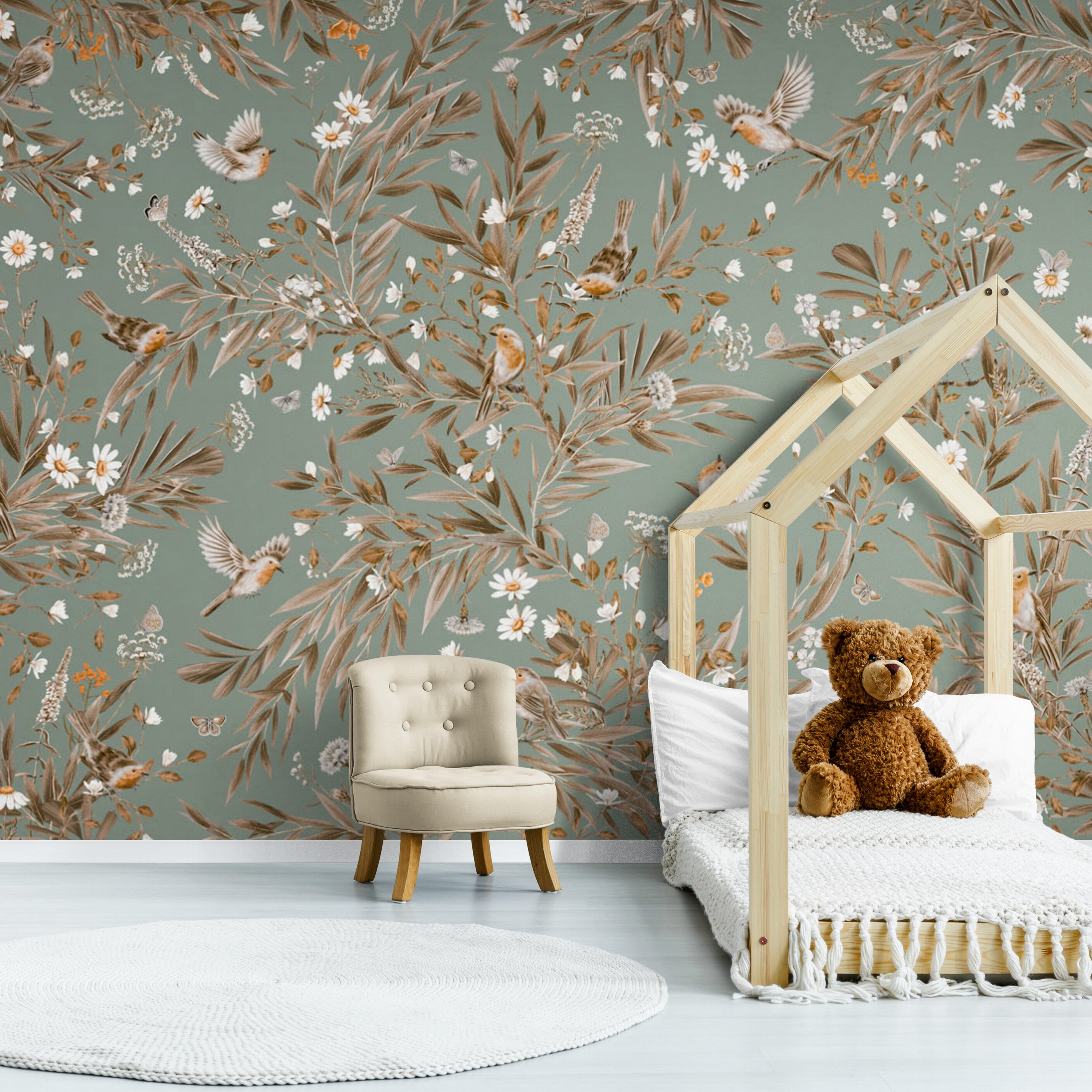 GDSE3180 Playful Robin Wallpaper Premium Peel and Stick Material 26in Wide x 6ft, 9 ft, 12ft, Vintage Green