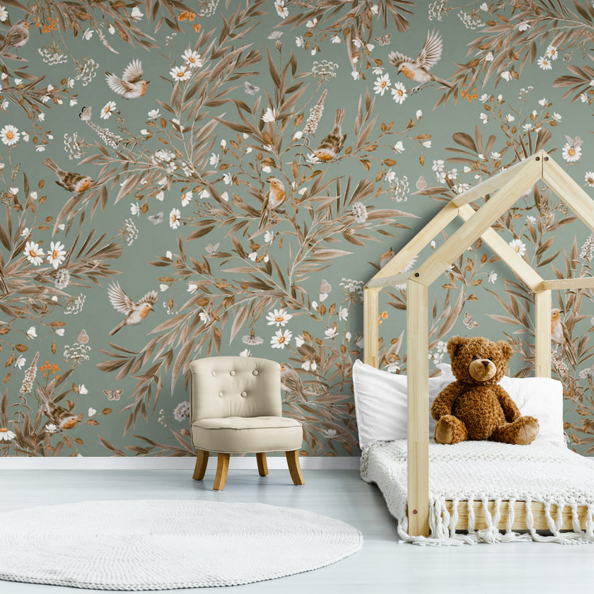 GDSE3180 Playful Robin Wallpaper Premium Peel and Stick Material 26in Wide x 6ft, 9 ft, 12ft, Vintage Green