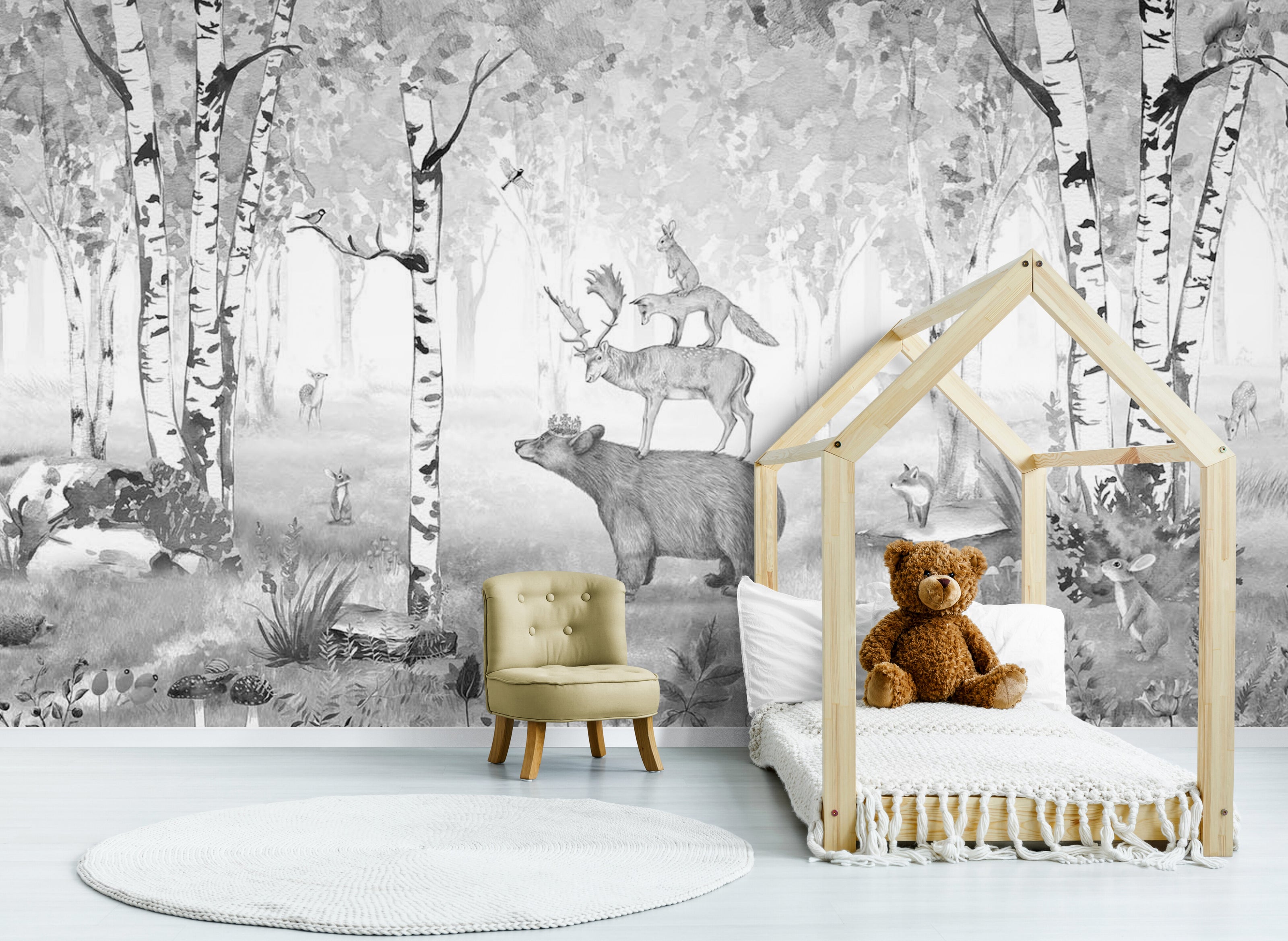 GDSE3020 Bear King Wallpaper Mural Premium Peel and Stick Material 26in Wide x 9 ft. Black White Gray