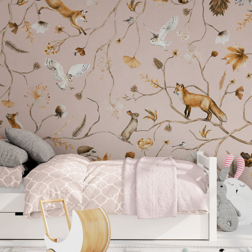 GDSE3147 Playful Forest Wallpaper Premium Peel and Stick Material 26in Wide x 6ft, 9 ft, 12ft, Pink