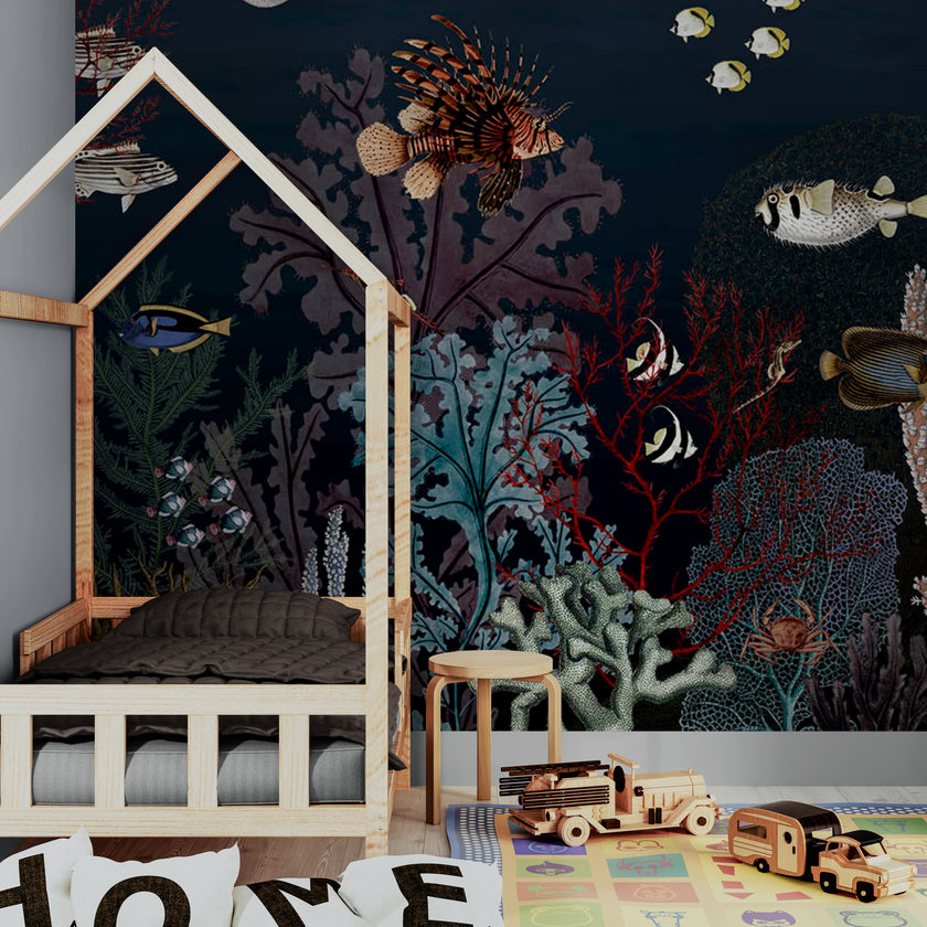 GDSE3130 Roaring Reef Wallpaper Premium Peel and Stick Material 26in Wide x 6ft, 9 ft, 12ft, Dark Blue