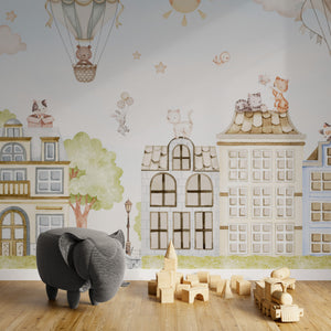 GDSE3560 City Cats Wallpaper Mural Premium Peel and Stick Material 26in Wide x 9 ft. Blue