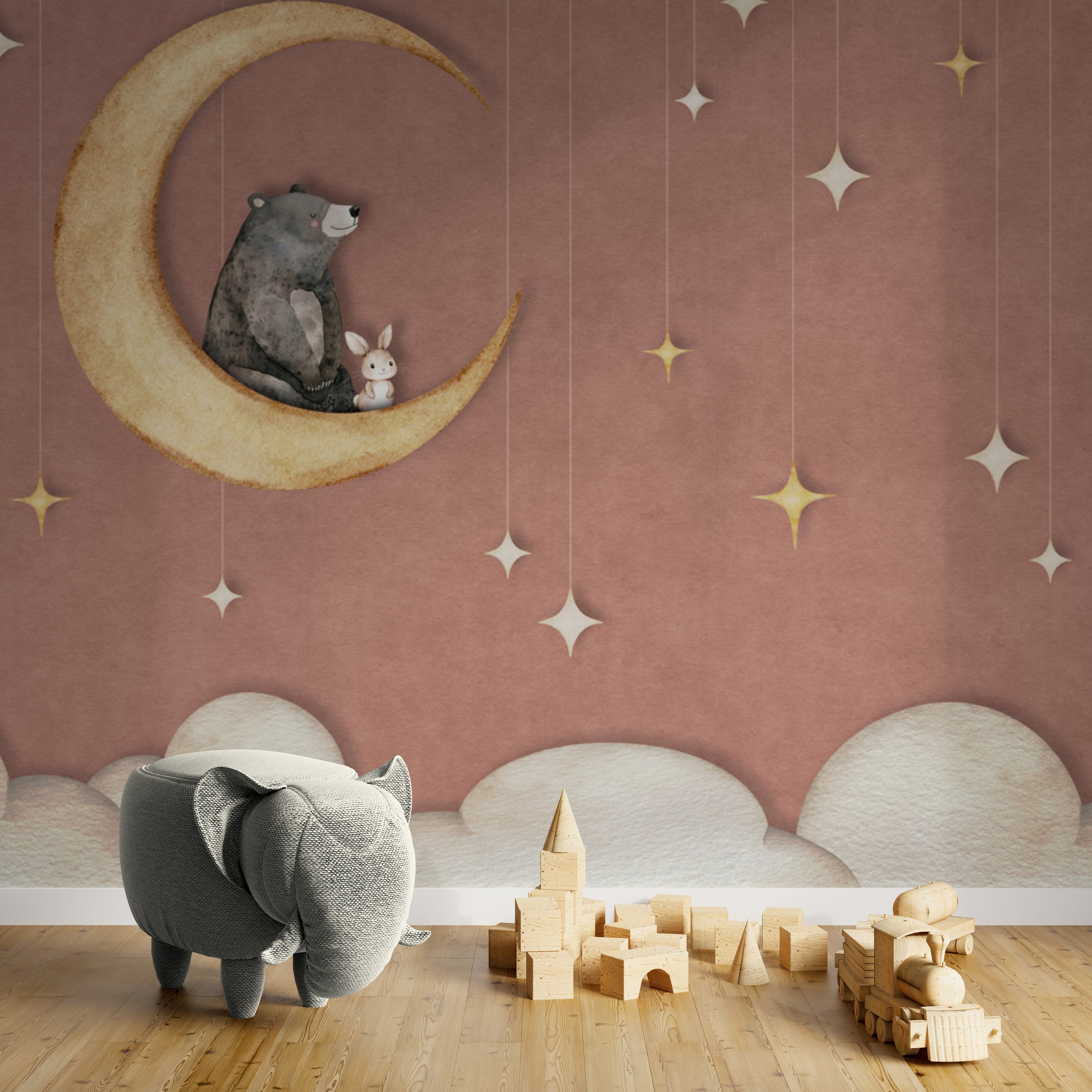 GDSE3542 Bear On The Moon Wallpaper Mural Premium Peel and Stick Material 26in Wide x 9 ft. Red