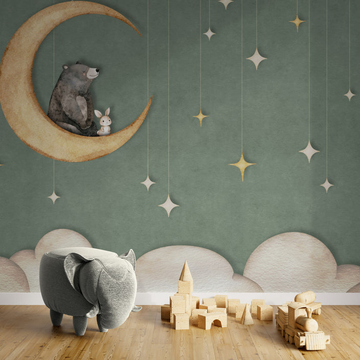 GDSE3541 Bear On The Moon Wallpaper Mural Premium Peel and Stick Material 26in Wide x 9 ft. Green