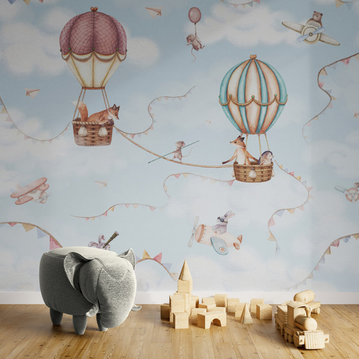GDSE3530 Aviation Adventure Wallpaper Mural Premium Peel and Stick Material 26in Wide x 9 ft. Blue Pink