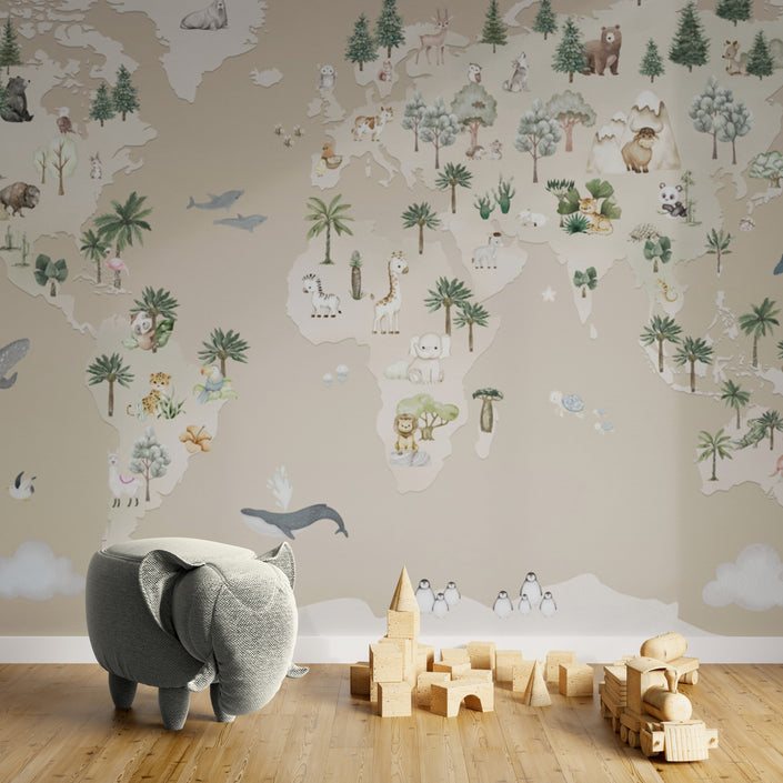 GDSE3521 Animal Atlas Wallpaper Mural Premium Peel and Stick Material 26in Wide x 9 ft. Brown