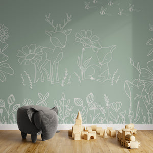 GDSE3572 Deer Doodles Wallpaper Mural Premium Peel and Stick Material 26in Wide x 9 ft. Green White