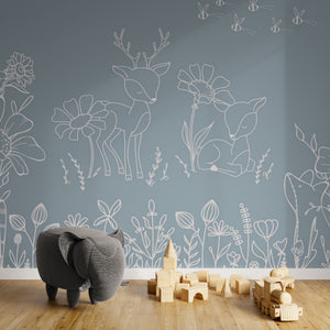GDSE3570 Deer Doodles Wallpaper Mural Premium Peel and Stick Material 26in Wide x 9 ft. Blue White