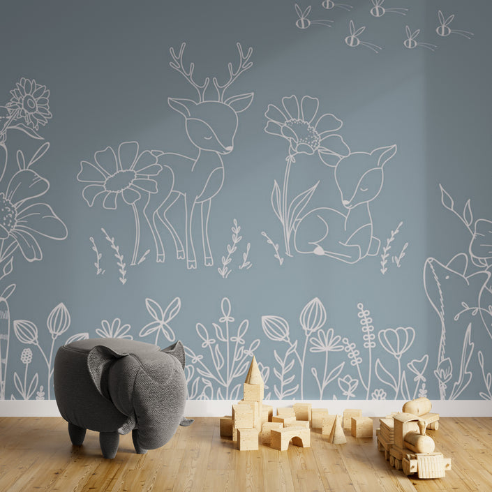 GDSE3570 Deer Doodles Wallpaper Mural Premium Peel and Stick Material 26in Wide x 9 ft. Blue White