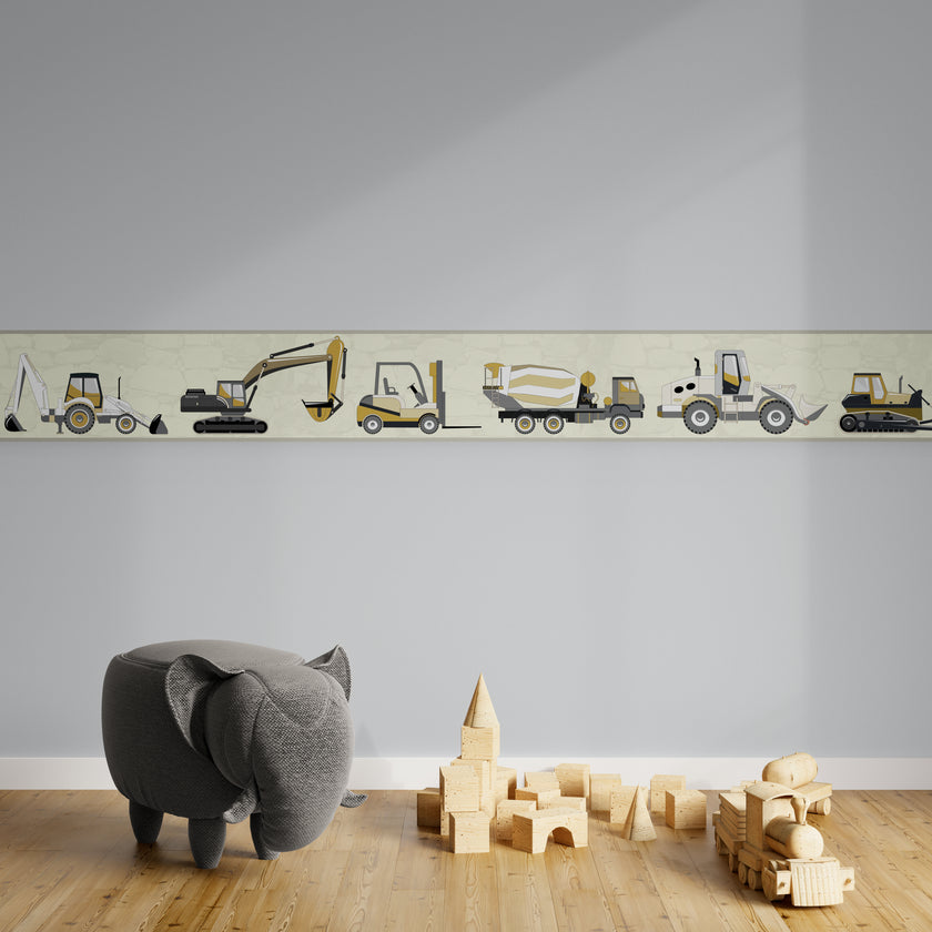 GB1900292g8 Trucks and Tractors Soft Yellow Premium Peel and Stick Wallpaper Border 15 Ft Long