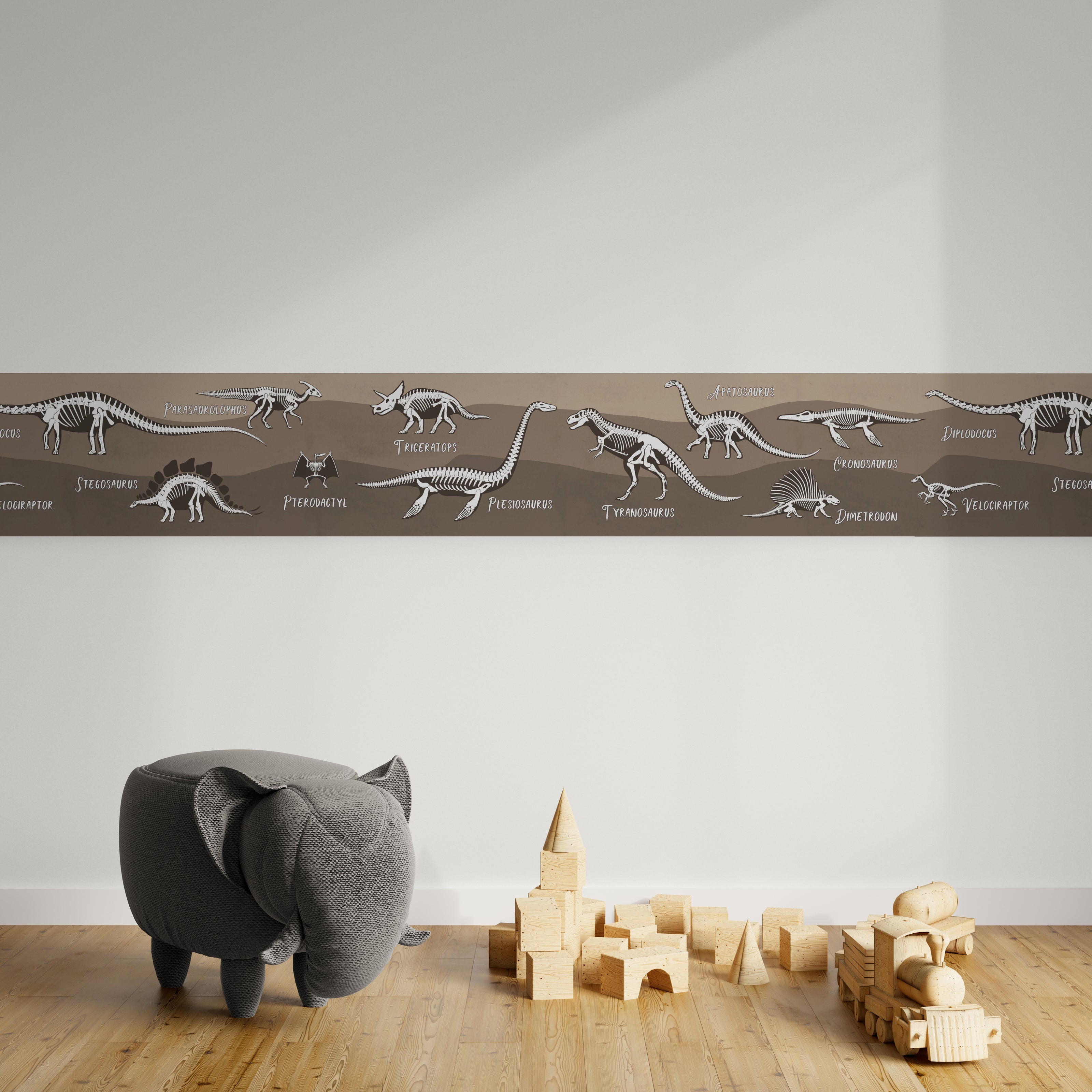 GB90240g8 Grace & Gardenia X-Ray Dinosaurs Peel and Stick Wallpaper Border 8in Height x 18ft Long, Brown Black White