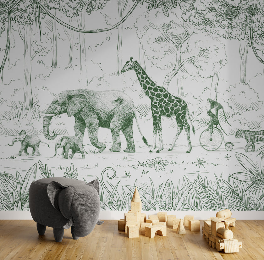GDSE3012 Animal Parade Wallpaper Mural Premium Peel and Stick Material 26in Wide x 9 ft. Green