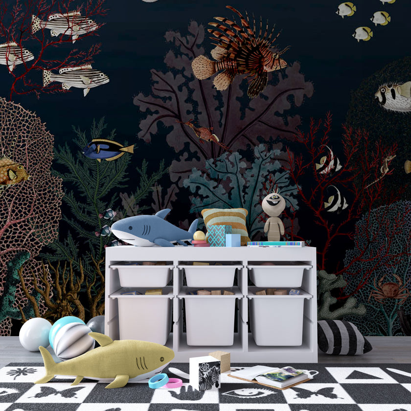 GDSE3130 Roaring Reef Wallpaper Premium Peel and Stick Material 26in Wide x 6ft, 9 ft, 12ft, Dark Blue