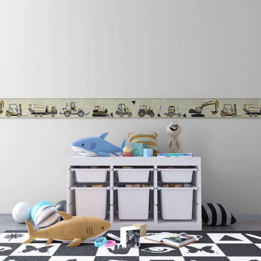 GB1900292g8 Trucks and Tractors Soft Yellow Premium Peel and Stick Wallpaper Border 15 Ft Long