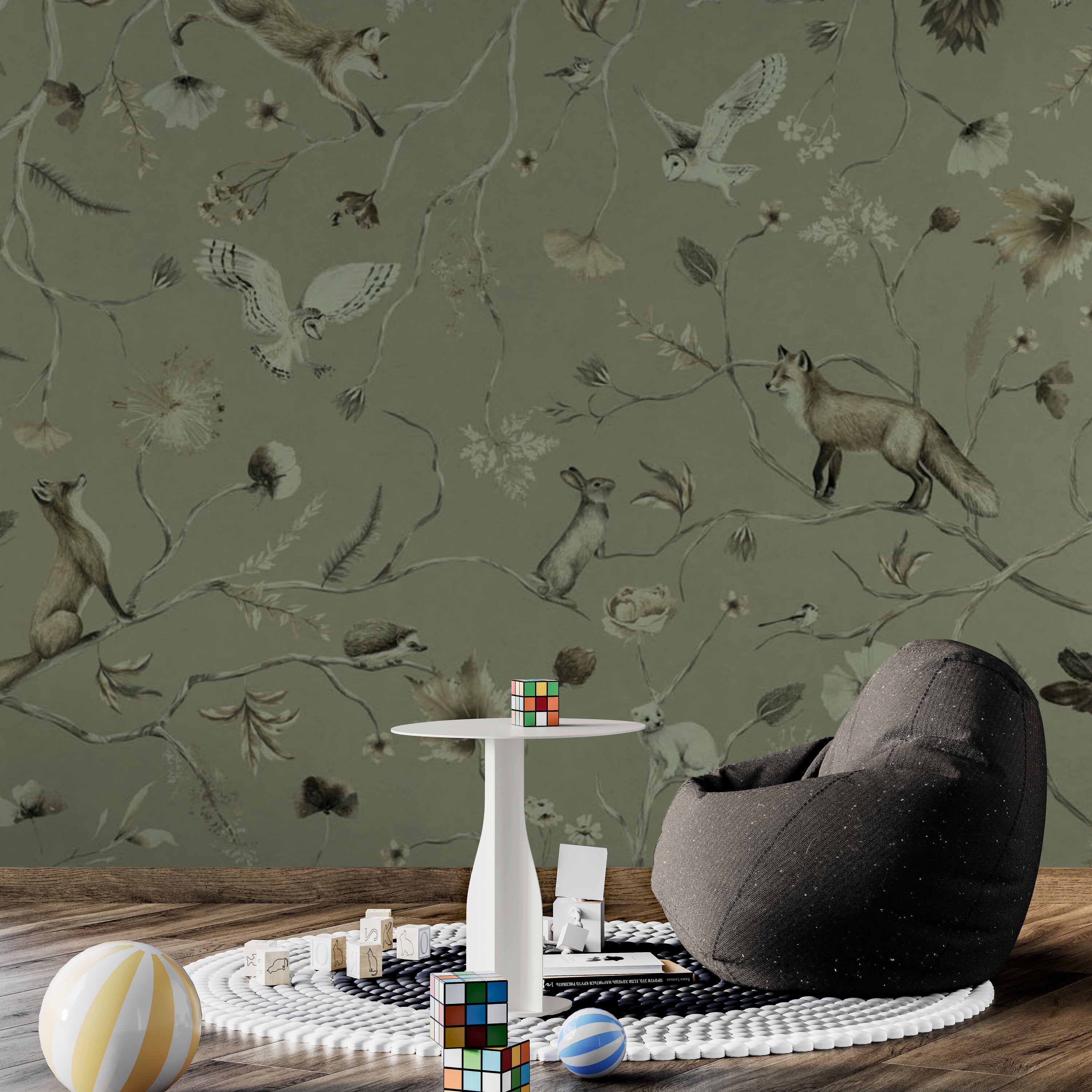 GDSE3144 Playful Forest Wallpaper Premium Peel and Stick Material 26in Wide x 6ft, 9 ft, 12ft, Monochrome Green