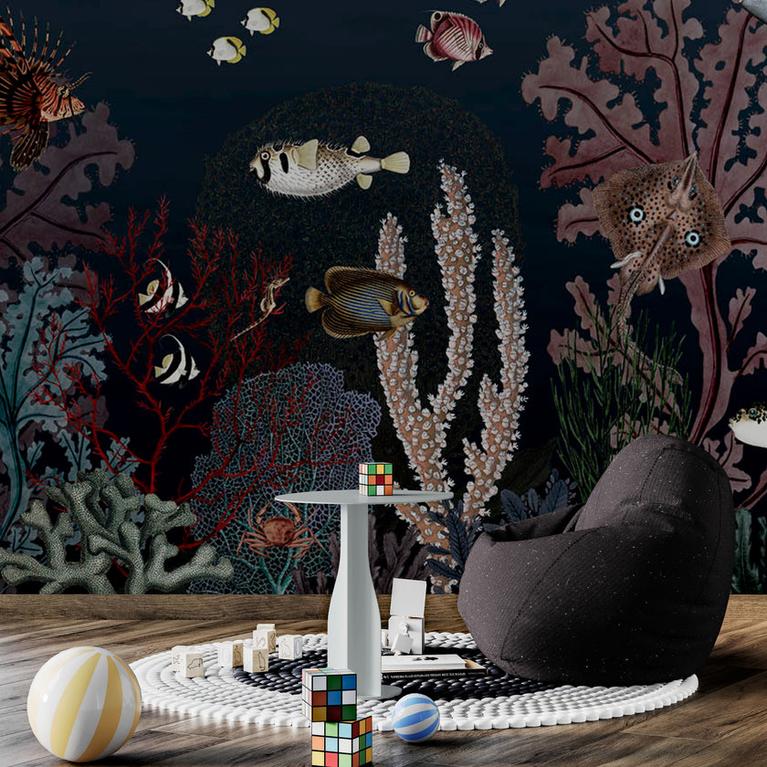 GDSE3130 Roaring Reef Wallpaper Premium Peel and Stick Material 26in Wide x 6ft, 9 ft, 12ft, Dark Blue