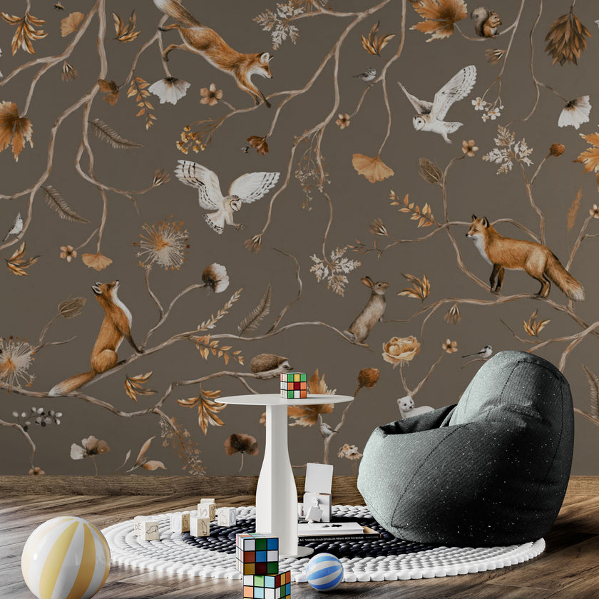 GDSE3148 Playful Forest Wallpaper Premium Peel and Stick Material 26in Wide x 6ft, 9 ft, 12ft, Taupe