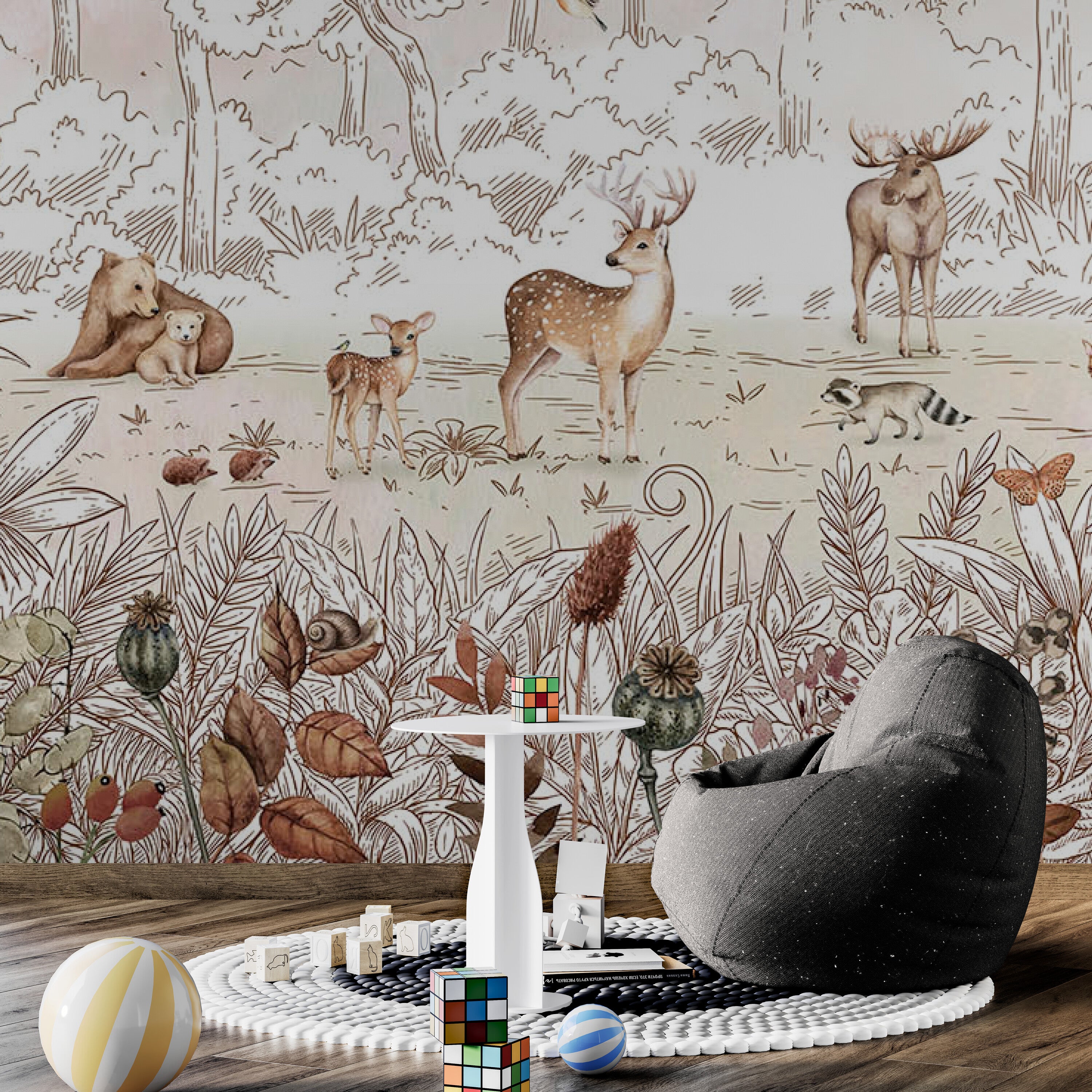 GDSE3050 Forest Friends Wallpaper Mural Premium Peel and Stick Material 26in Wide x 9 ft. White Brown