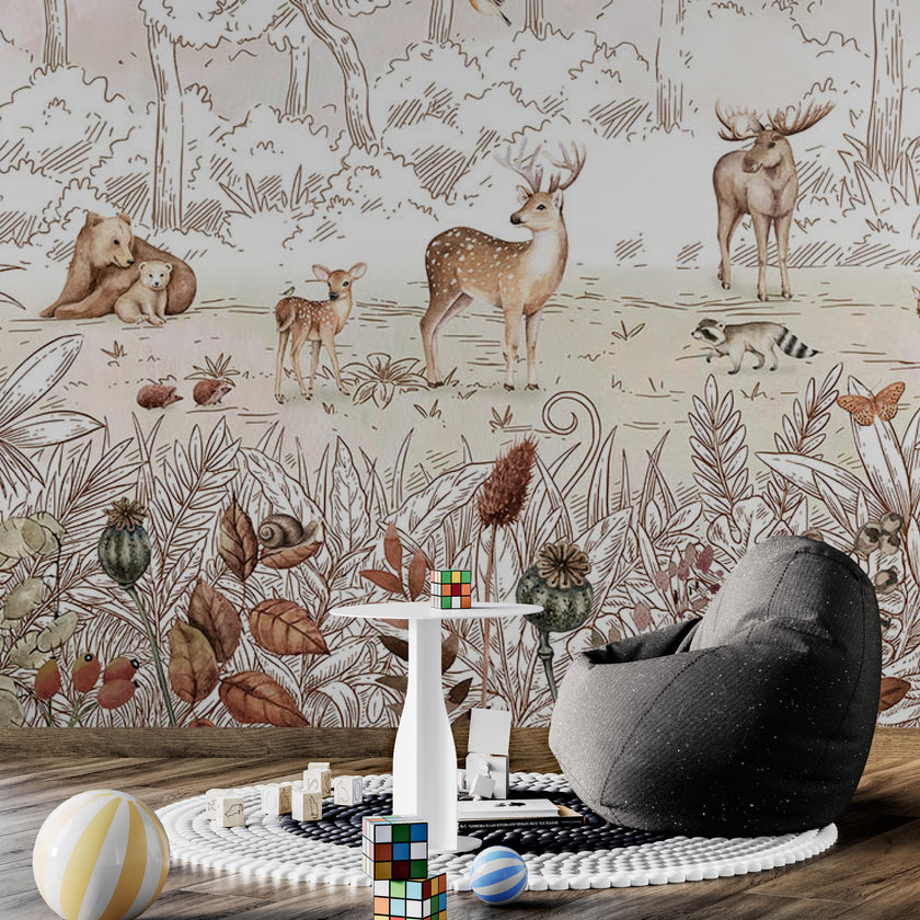 GDSE3050 Forest Friends Wallpaper Mural Premium Peel and Stick Material 26in Wide x 9 ft. White Brown