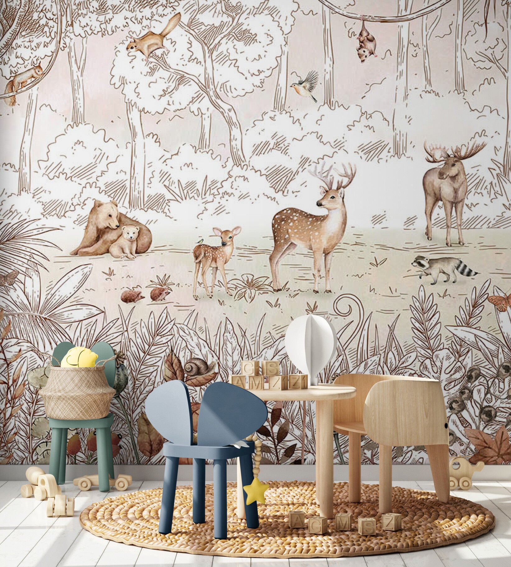 GDSE3050 Forest Friends Wallpaper Mural Premium Peel and Stick Material 26in Wide x 9 ft. White Brown