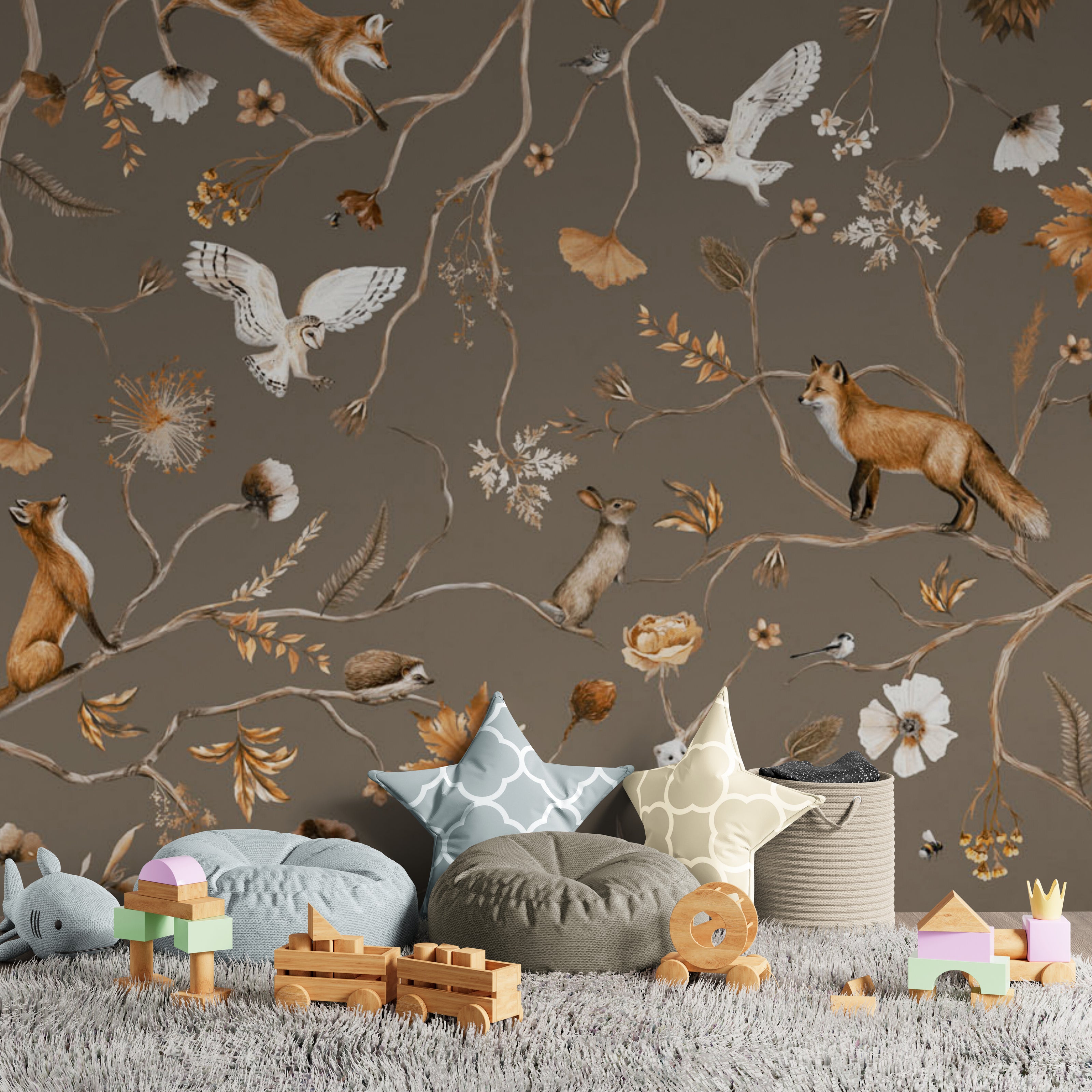GDSE3148 Playful Forest Wallpaper Premium Peel and Stick Material 26in Wide x 6ft, 9 ft, 12ft, Taupe