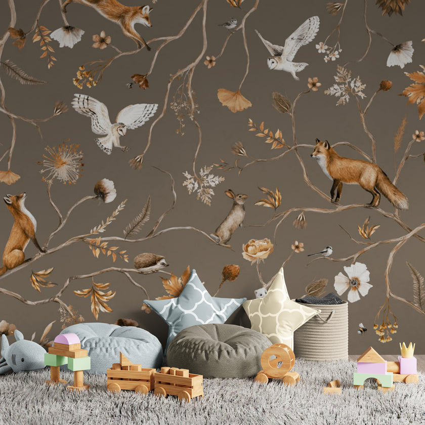 GDSE3148 Playful Forest Wallpaper Premium Peel and Stick Material 26in Wide x 6ft, 9 ft, 12ft, Taupe